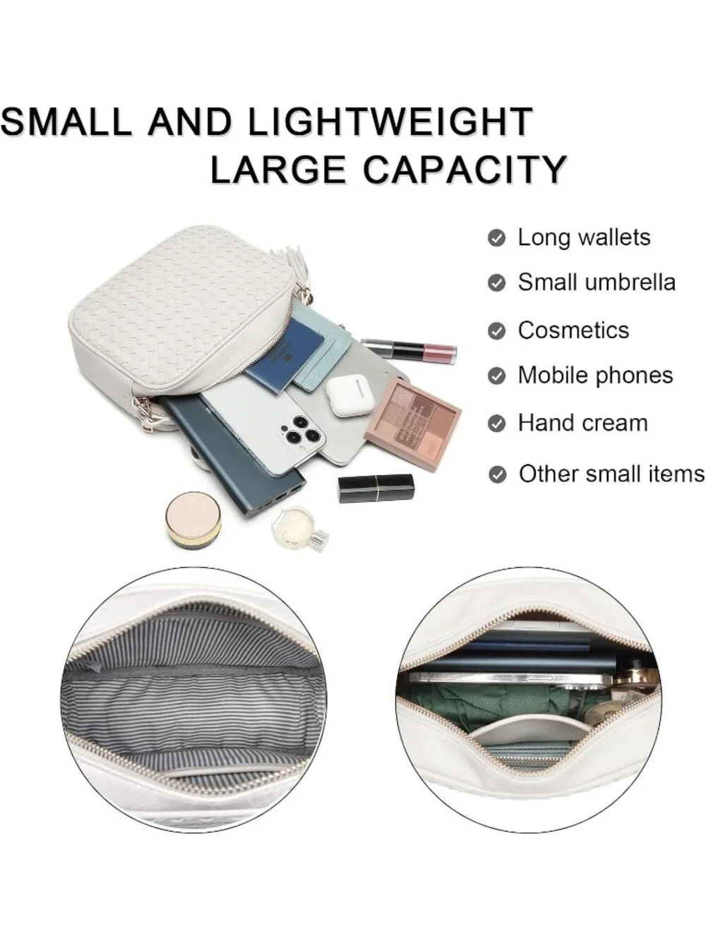 Women's White Woven Small Boho Purse Vegan Zipper Leather Crossbody Bag